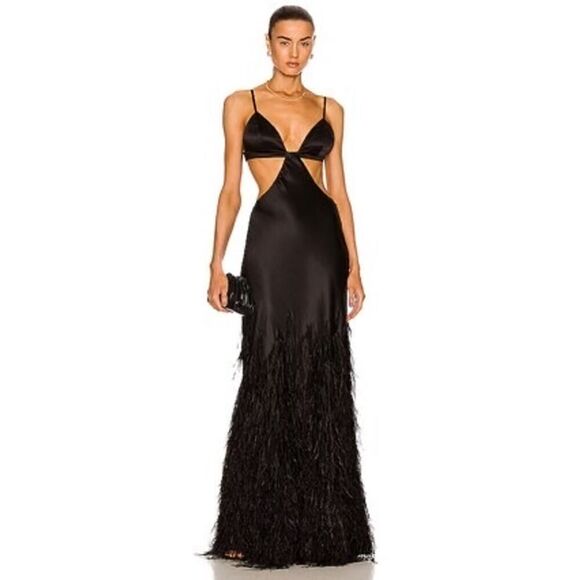 Cult Gaia Raisa Ostrich Feather Trimmed Silk Gown Black M - Picture 1 of 16